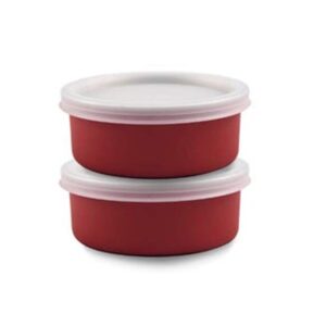 Home 18 Kariox Microwave Safe Stainless Steel Round Shape Lunch Containers for Office/Home Set of 2 (350 ML Approx) Ideal For Kids & Adults (RED)